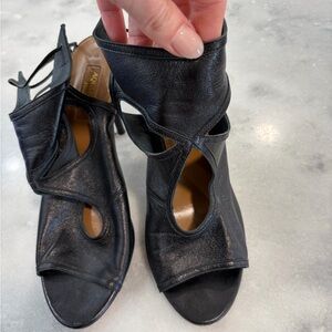 Aquazzura Black Leather Cutout Peep-Toe Ankle Heels